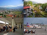 02 Pokhara, Hotel, Airport I met my guide Gyan Tamang after landing in Kathmandu, and we flew together to Pokhara. In-flight services consisted of a candy, some cotton for the noise, and some water, but served with a broad smile. Pokhara is the second largest city in Nepal with a population approaching 200,000, sprawling around beautiful Phewa Tal Lake, 200km west of Kathmandu. The elevation ranges from about 800m to 1000m. We stayed at a comfortable hotel with a great sunset across the garden.
